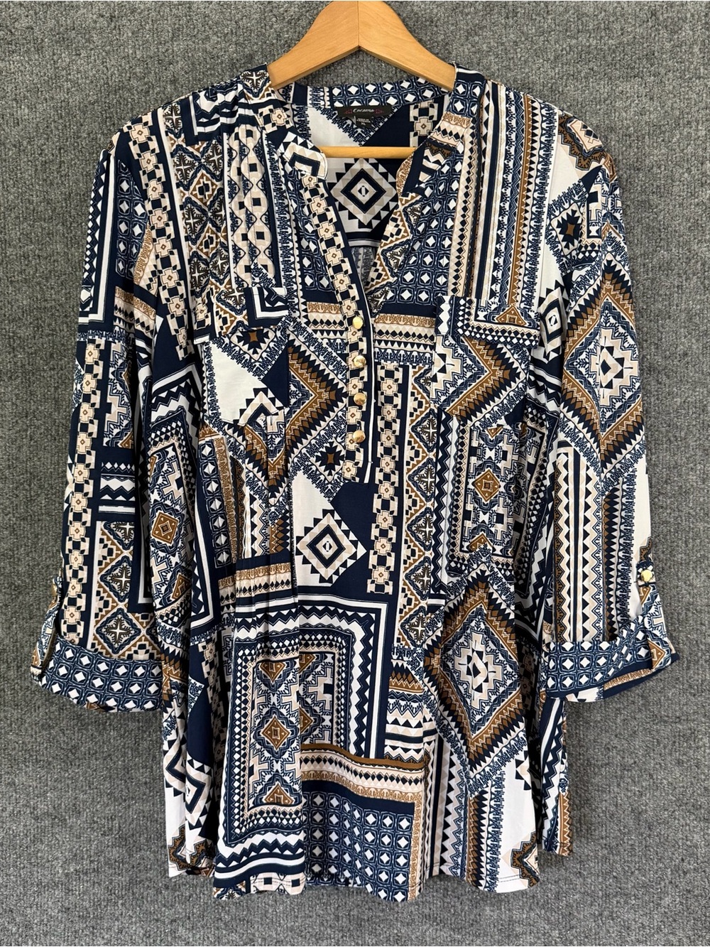 Cocomo Womens XL Tunic Top Navy Blue Patchwork Geometric Roll Tab Sleeve Button
